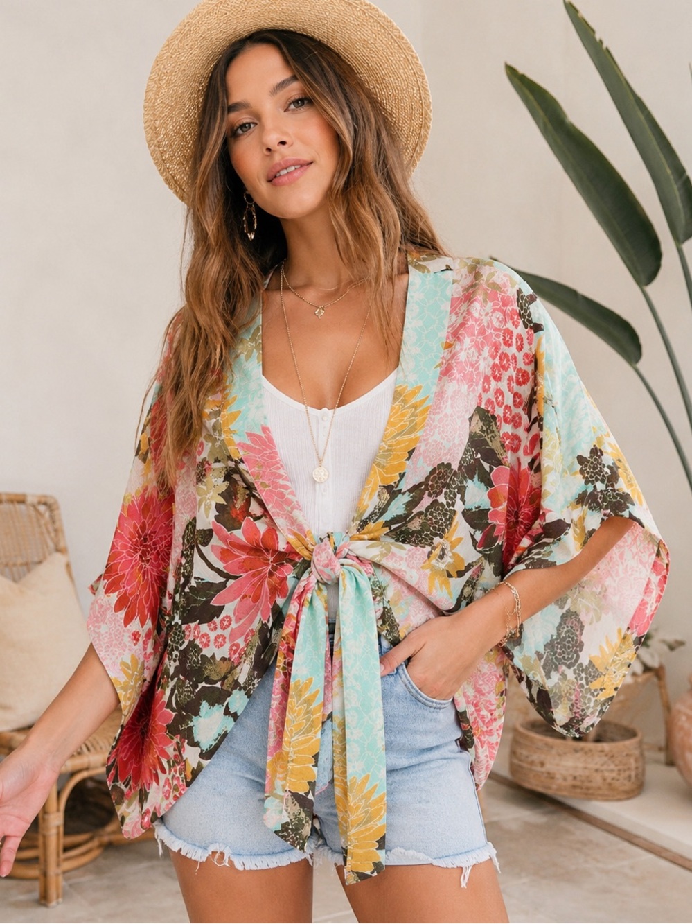 American Rag Floral Boho Kimono Wrap Top M/L